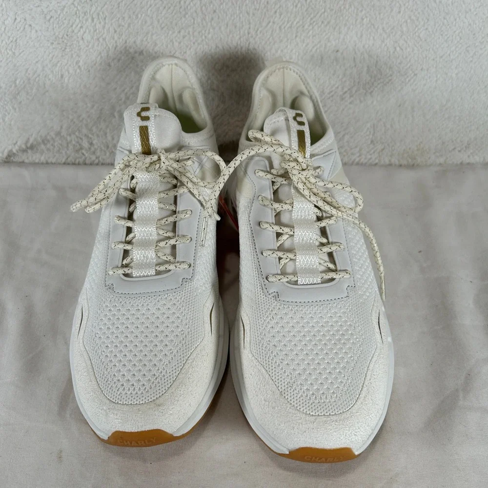 Charly White Gold Mesh Lace Up Athletic Running Sneakers Shoes Womens 10